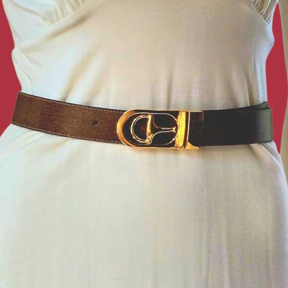 Vintage Gucci Stirrup Buckle Brown Leather Belt Gold Tone Small - Picture 3 of 16